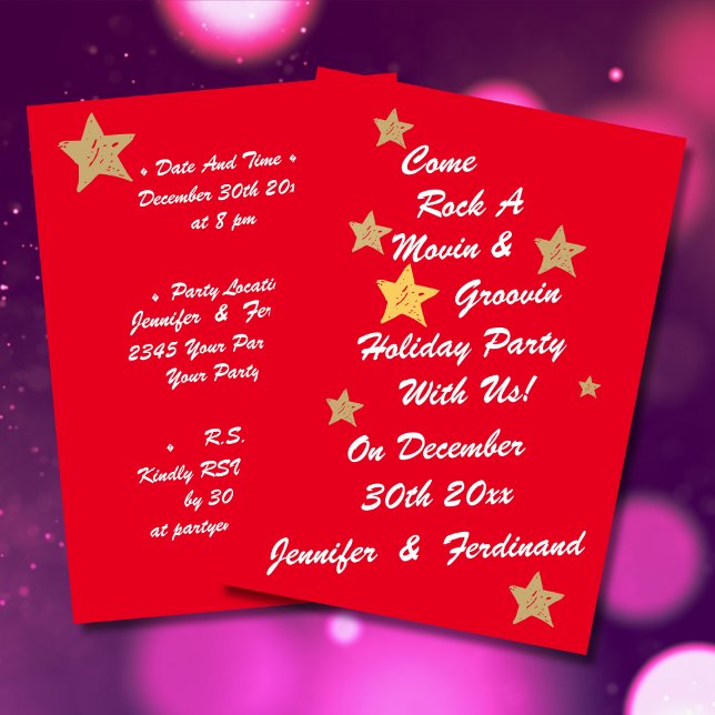 Convites Moderno Chic Red, White e Dourada Stars Groovy Par (Modern chic white script on bright red background with gold stars groovy holiday party invitation.)