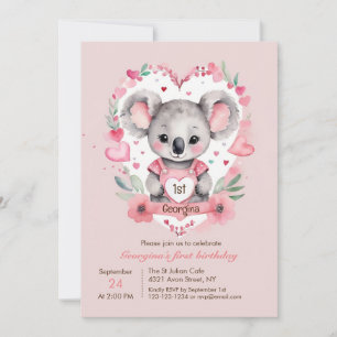 Convites Moderno Chic Watercolor Koala Pink Aniversário