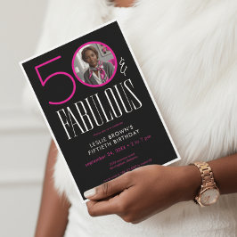 Convites Moderno Cinquenta Fabuloso Branco Rosa Foto Aniver