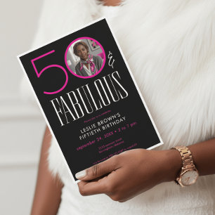 Convites Moderno Cinquenta Fabuloso Branco Rosa Foto Aniver