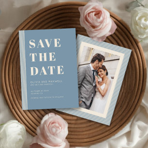 Convites Moderno Clássico Salvar a Data Azul Listrado Foto