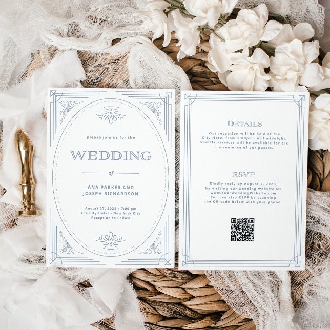 Convites Moderno Deco Branco | Dusty Blue All in One Weddin (Criador carregado)