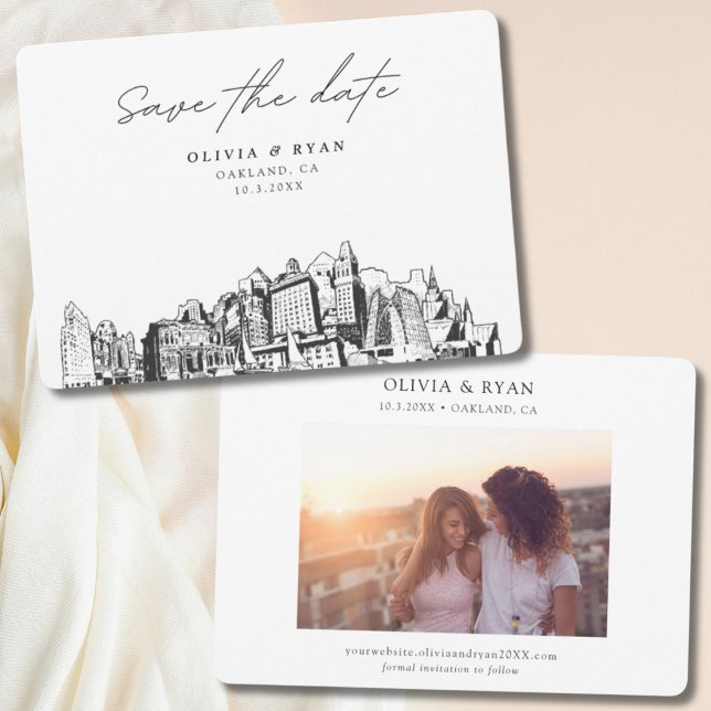 Convites Moderno do Casamento Oakland Salve a Data (Oakland wedding skyline sketch with engagement photo)