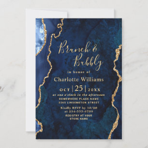 Convites Moderno Dourado Agate Azul Marble Brunch e Bubble
