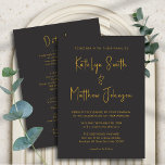 Convites Moderno Dourado Elegante Tudo Em Um Casamento<br><div class="desc">Escrito Dourado e negro elegante, tudo em uma carta de convite de casamento minimalista. Celebre o seu dia especial com esta elegante e bela carta de convite para casamento para embelezar a sua ocasião especial. Todos os textos estão pré-organizados para que você personalize fácil e rapidamente com seus próprios detalhes....</div>