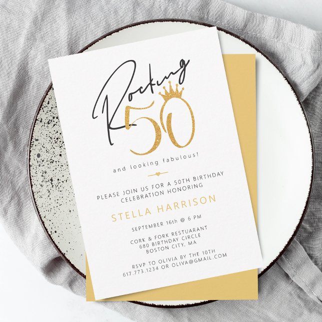 Convites Moderno Dourado Rocking 50ª Festa de aniversário (Modern Gold Rocking 50th Birthday Party Invitation)