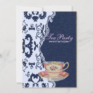Convites moderno e azul de denim, Floral country Tea Party