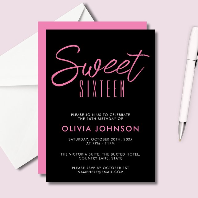 Convites Moderno e doce 6 rosa e preto (Sweet Sixteen 16th Sixteenth girls birthday party
invitations in black and pink.  See full range.)