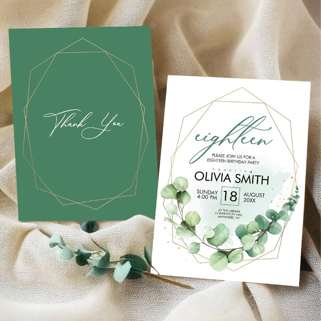 Convites Moderno e elegante aniversário de 18 anos | Verde  (Modern Elegant 18th Birthday | Girly Greenery Invitation, Teen Birthday Invite)