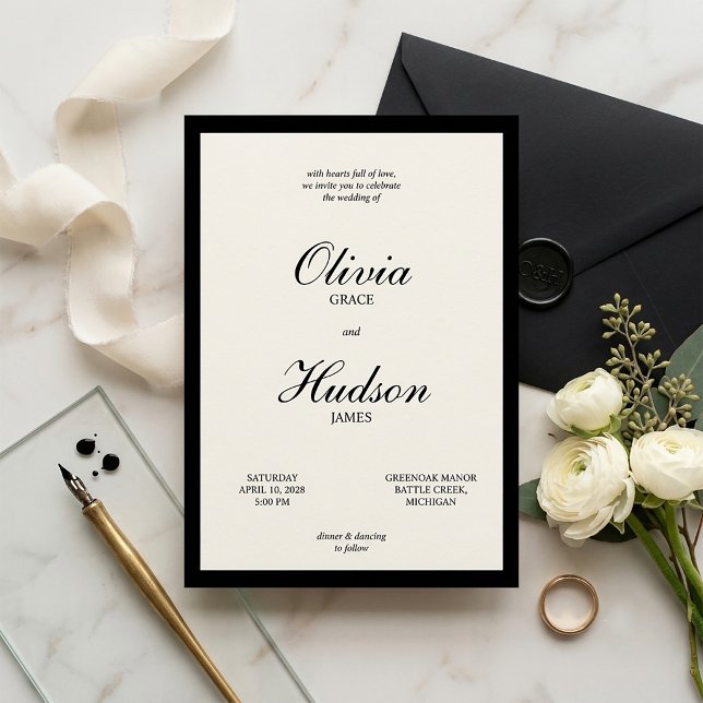 Convites Moderno e Elegante Casamento com Borda Preta e Let (Elegant Wedding Invitation)