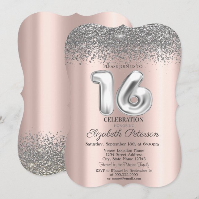 Convites Moderno e Glamouroso Sweet 16 Prateado Com Diamant (Frente/Verso)