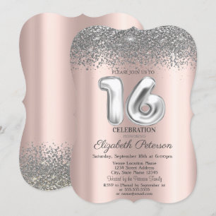 Convites Moderno e Glamouroso Sweet 16 Prateado Com Diamant