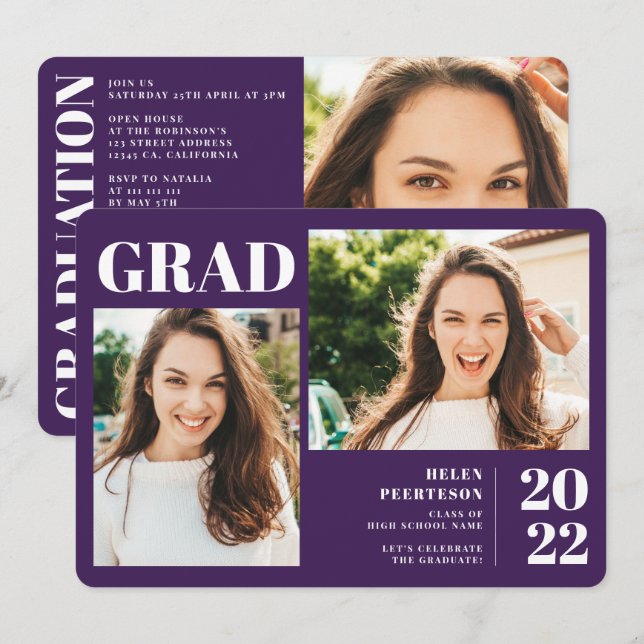 Convites Moderno e roxo 3 fotos formadas (Frente/Verso)