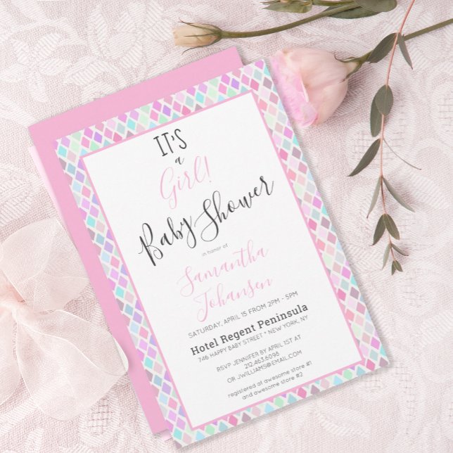 Convites Moderno É um Chá de fraldas de Padrão Geométrico p (MODERN PINK GEOMETRIC PINK BABY SHOWER INVITATION)
