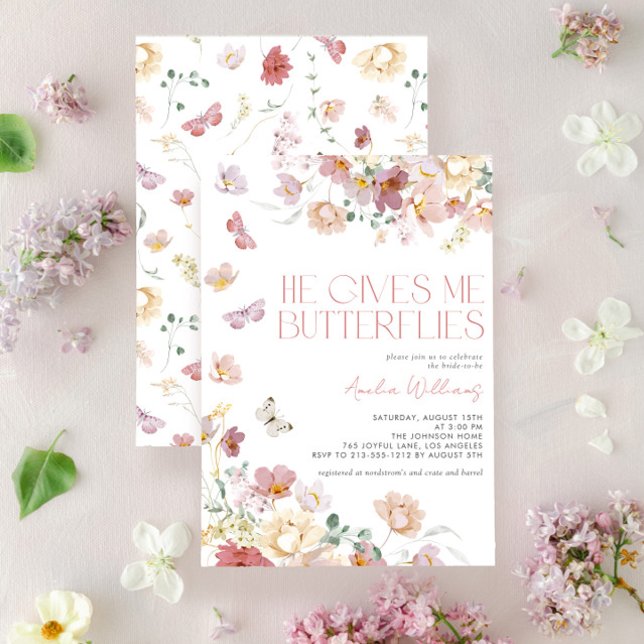 Convites Moderno Ele Me Dá Borboletas Chá de panela Rosa (Easily personalize this gorgeous bridal shower invitation for the perfect celebration!)