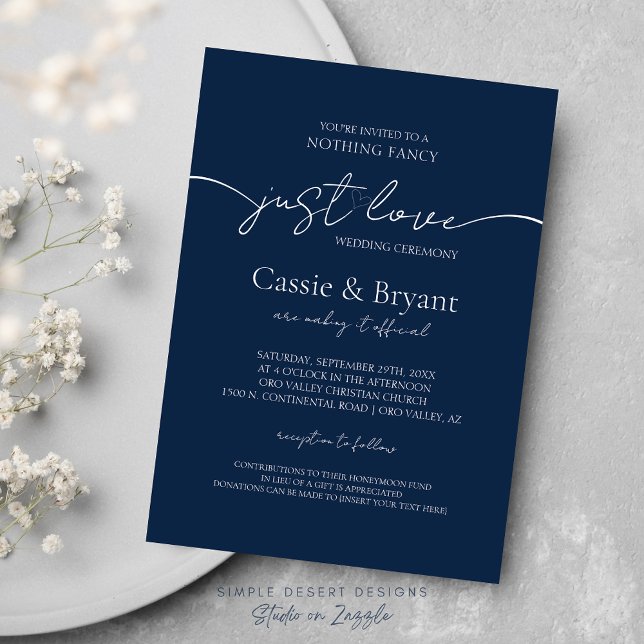 Convites Moderno Elegante Adora Casamento De Escrita Azul (Simple Elegant Navy Blue Wedding Invitations Nothing Fancy Just Love Wedding Theme)