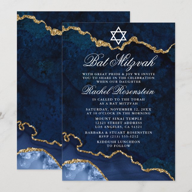 Convites Moderno Elegante Azul Dourado Bat Mitzvah (Frente/Verso)