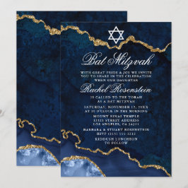Convites Moderno Elegante Azul Dourado Bat Mitzvah