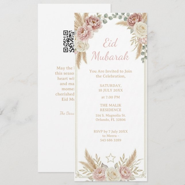 Convites Moderno Elegante Boho Floral Eid Mubarak Digital (Frente/Verso)