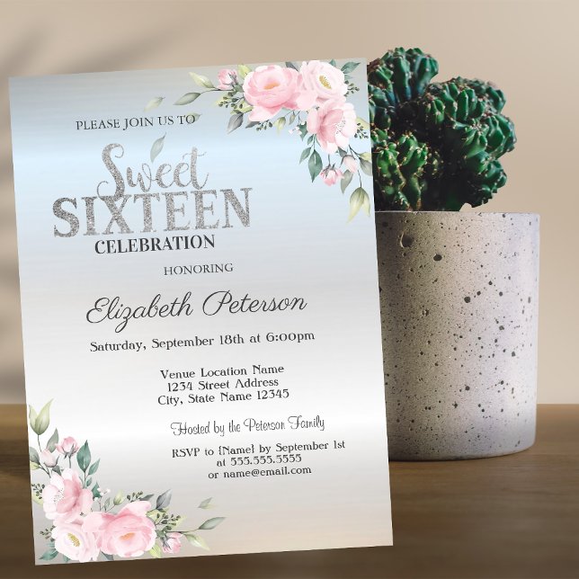 Convites Moderno Elegante Bokeh Floral Prata Doce 16  (Criador carregado)