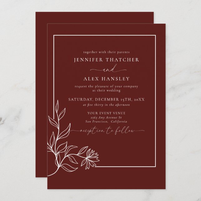 Convites Moderno Elegante Botânico Deixa Código QR Casado (Frente/Verso)