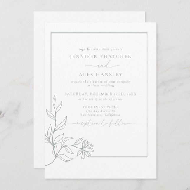 Convites Moderno Elegante Botânico Deixa Código QR Casado (Frente/Verso)