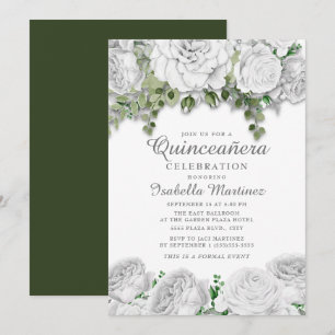 Convites Moderno Elegante Branco Floral Verde Quinceañera