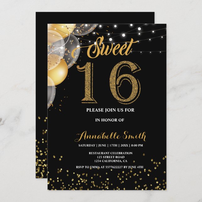 Convites Moderno elegante doce 16 (Frente/Verso)