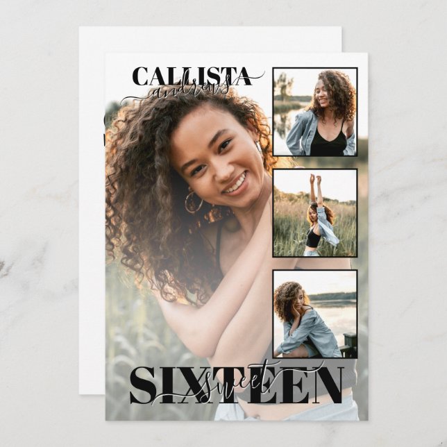 Convites Moderno Elegante Preto Branco Quatro Fotografias D (Frente/Verso)