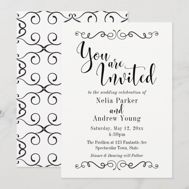 Convites Moderno Elegante Preto Texto Casamento 2 (Frente/Verso)