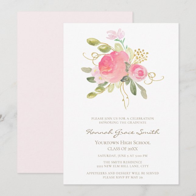 Convites Moderno Elegante Rosa Bege Dourado Floral Graduaçã (Frente/Verso)