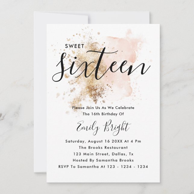 Convites Moderno Elegante Rosa E Dourado Script Sweet 16 (Frente)