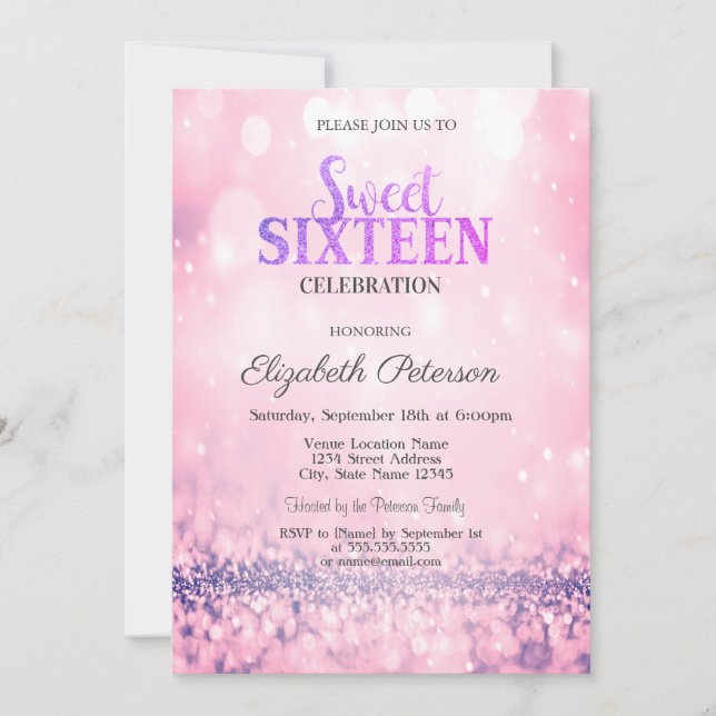 Convites Moderno Elegante Rosa Glitter Bokeh Sweet 16 (Frente)