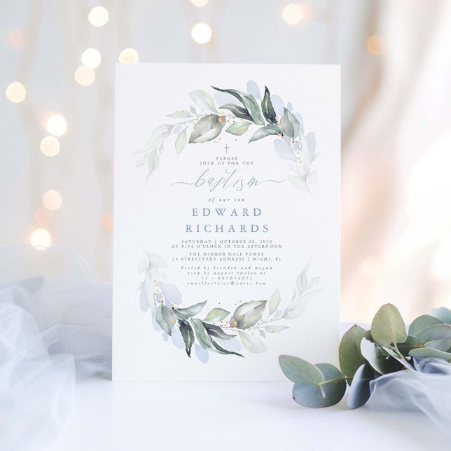 Convites Moderno Elegante Verde Empoeirado e Azul Batismo (Dusty Blue Baptism Invitations)
