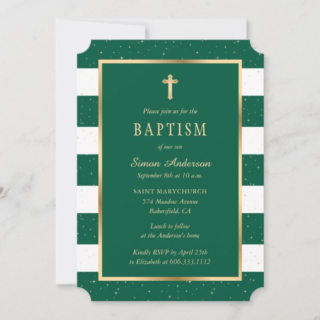 Convites Moderno Emerald Green Cruz Dourada Stars Baptism (Frente)
