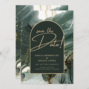 Convites Moderno Emerald Green Dourado Agate Marble WEDDING