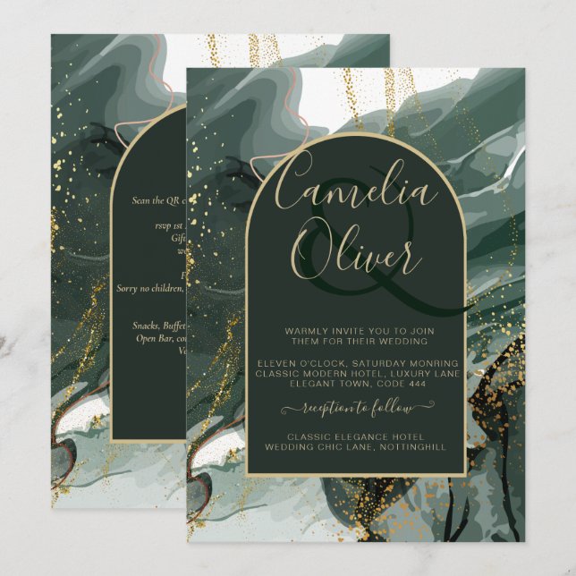 Convites Moderno Emerald Green Dourado Agate Marble WEDDING (Frente/Verso)