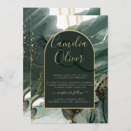 Convites Moderno Emerald Green Dourado Agate Marble WEDDING