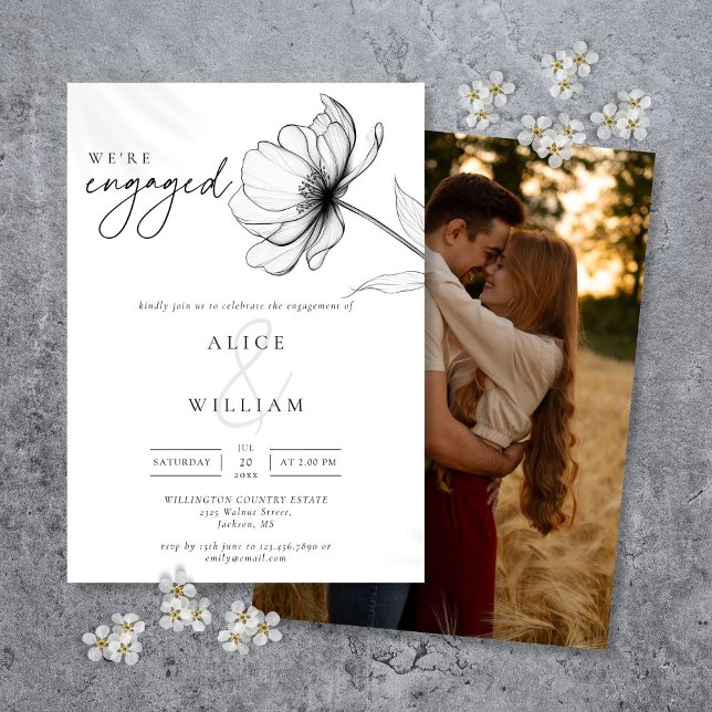 Convites Moderno Estamos com a Festa de noivado de Fotos Fl (Modern We're Engaged Floral Photo Engagement Party Invitation)