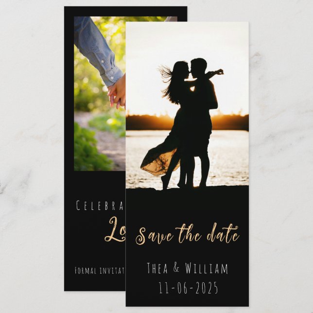 Convites Moderno estreito 2 fotos Save the Date (Frente/Verso)
