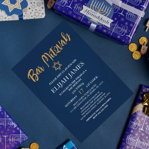Convites Moderno Estrela de Davi Azul Dourado Elegante Bar