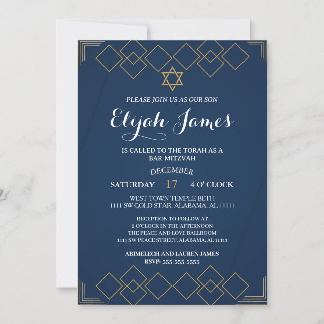 Convites Moderno Estrela de Davi Dourada Elegante Bar Mitzv (Frente)