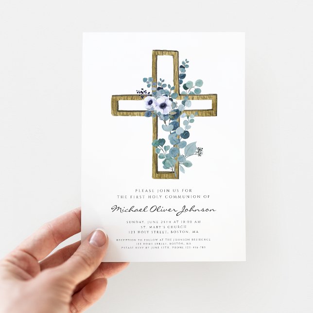 Convites Moderno Eucalipto Cruza Primeira Comunhão Religios (Modern Eucalyptus Cross Religious First Communion Invitation)