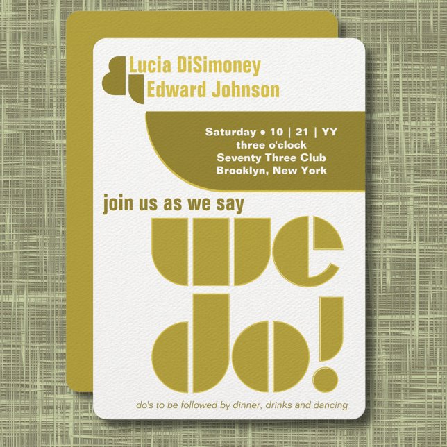 Convites Moderno Fazemos Tipografia Geométrica Avocado Gree (Modern geometric "we do!" wedding invitation in olive and avocado green on white.)
