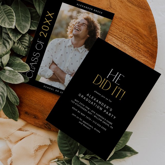 Convites Moderno Fete Negro Dourado Ele Fez Isso Graduação  (Criador carregado)