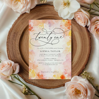 Convites Moderno Floral em Aquarela Chic Aniversário de 21 
