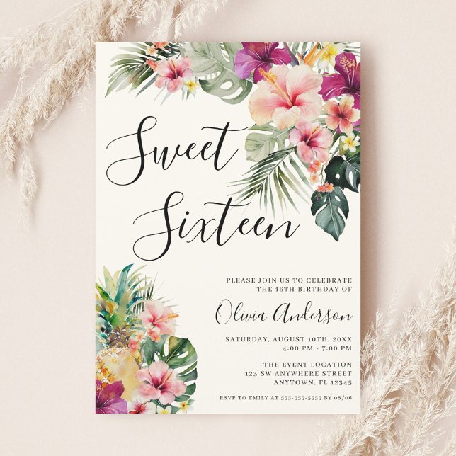 Convites Moderno Floral Tropical Bege Sweet 16 (Criador carregado)