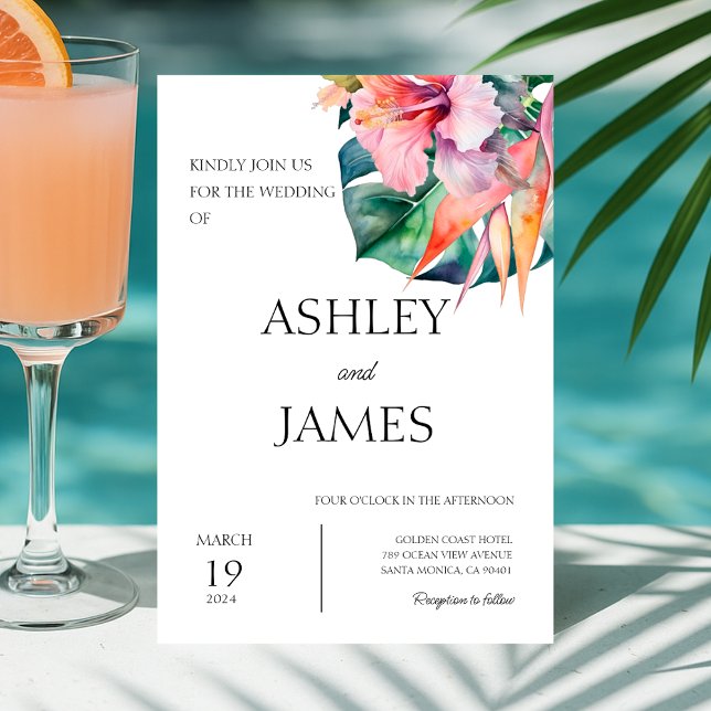 Convites Moderno Flores Tropicais Casamento Verde (Modern Tropical Flowers Greenery Wedding Invitation)