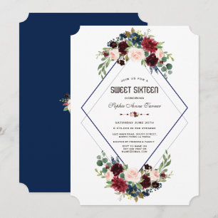 Convites Moderno Geométrico Merlot Azul Naval Floral Sweet 