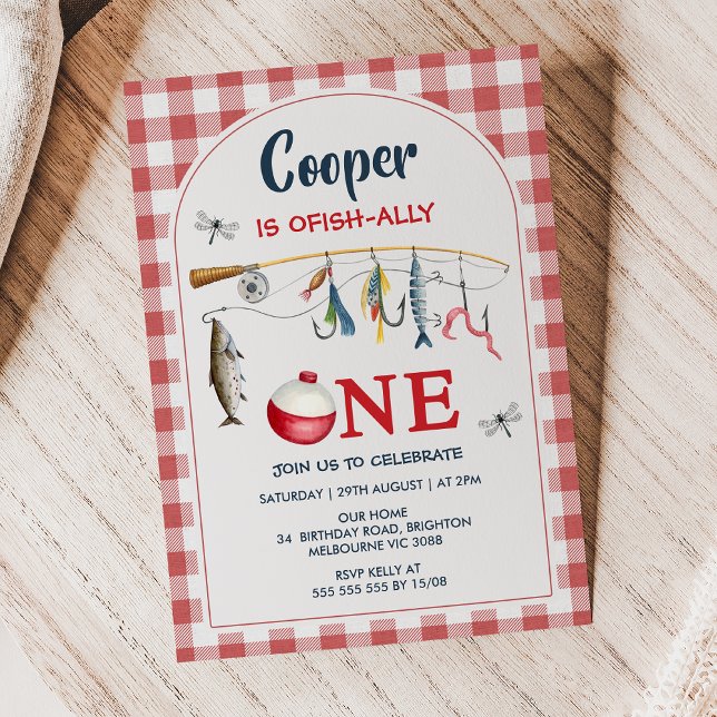 Convites Moderno Gingham Vermelho Ofishally Um 1º Aniversár (Ofishally One Invitation Template, Ofishally One Invite, Boys Birthday Invitation Ofishally One
)